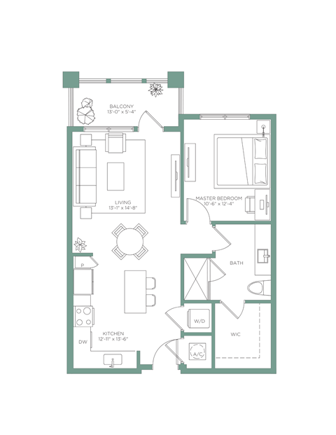 Floor plan for 1 bed, 1 bath, 752 sqft